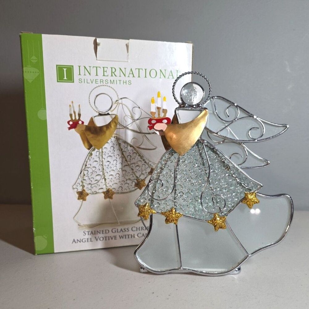 Stained Glass Angel With Candelabra Votive Candle Holder Christmas Original Box